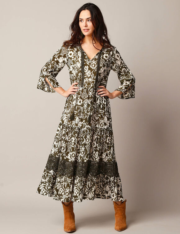 Robe longue imprimée manches 3/4, détails macramé (kaki / écru)