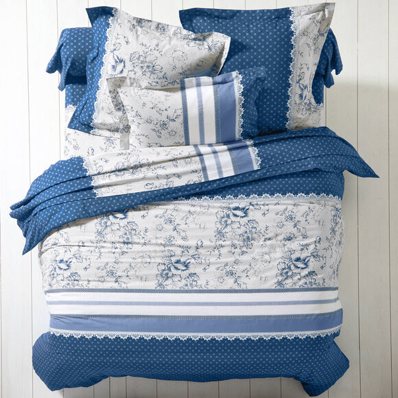 Bedlinnen Gabrielle in flanel met bloemenprint en kant (marineblauw)
