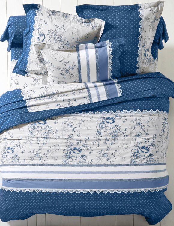 Linge de lit Gabrielle flanelle, imprimé fleurs et dentelle (bleu marine)