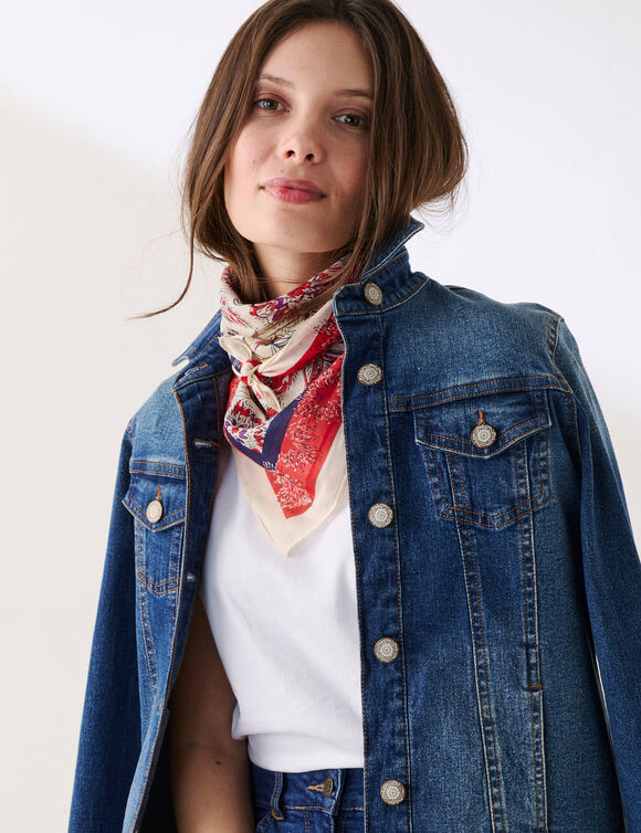 Vierkante foulard met bloemenprint (ecru / koraal)