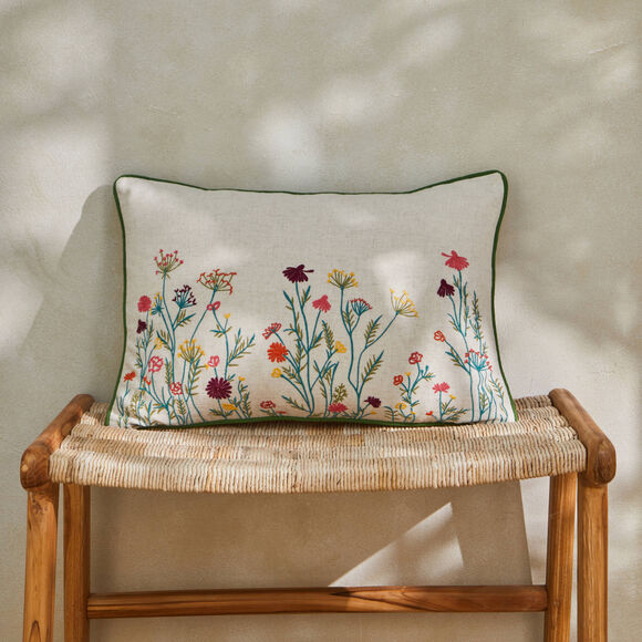 Coussin rectangulaire coton lin broderie fleurie (vert / orange)