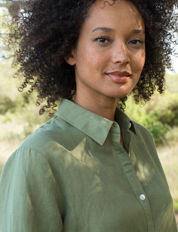 Robe chemise en coton-lin, manches retroussables (kaki)