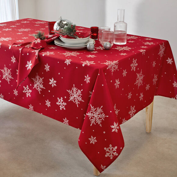 Tafellaken met zilverkleurige sneeuwvlokjesprint (rood / zilverkleurig)