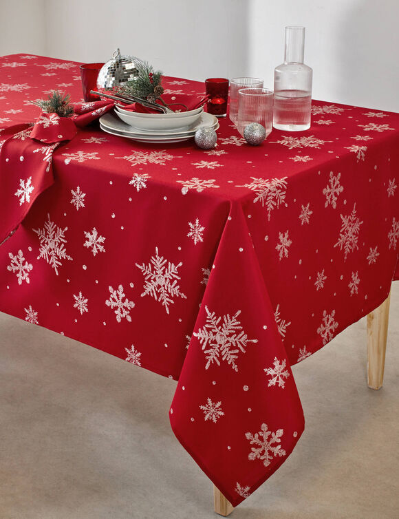 Tafellaken met zilverkleurige sneeuwvlokjesprint (rood / zilverkleurig)