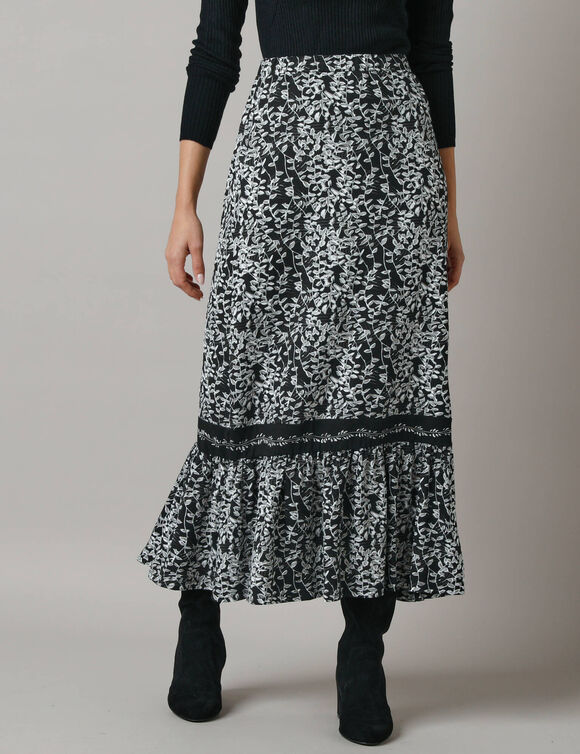 Lange rok met fronsrokvolume, jerseytricot (zwart / ecru)