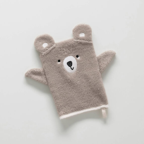 Collectie in badstof voor kids met beertjesbordursel, gepersonaliseerd (taupe)