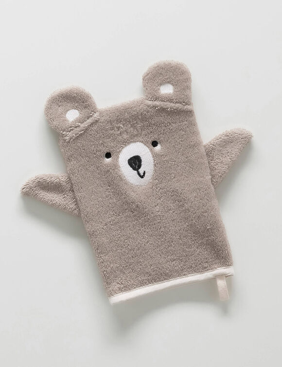 Collectie in badstof voor kids met beertjesbordursel, gepersonaliseerd (taupe)