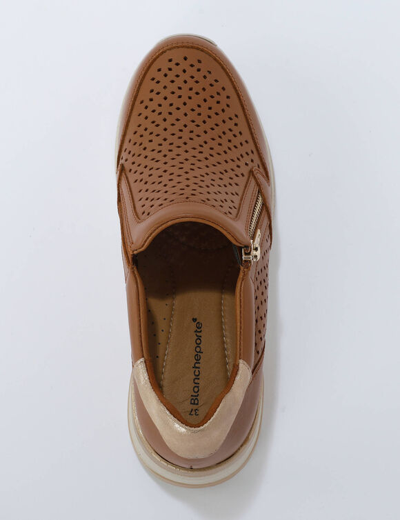 Leren sneakers met sleehak en rits (karamel)