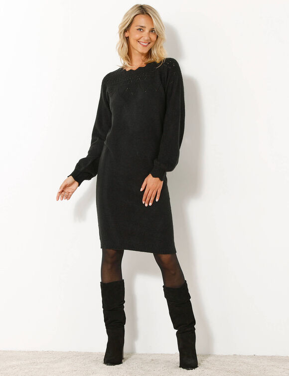 Robe pull finition écailles, maille fantaisie (noir)