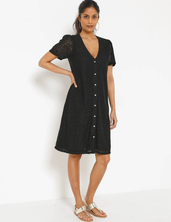 Robe courte boutonn&eacute;e en dentelle, manches courtes (zwart)