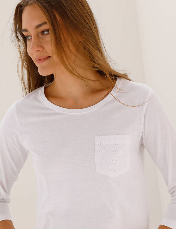 T-shirt col rond manches 3/4, broderie anglaise  (blanc)