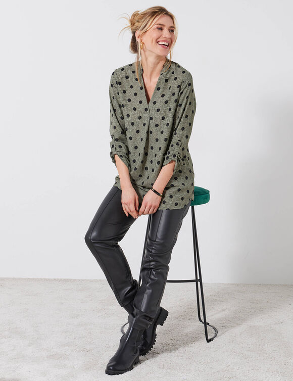 Blouse col tunisien imprimé pois, crêpe (kaki / noir)