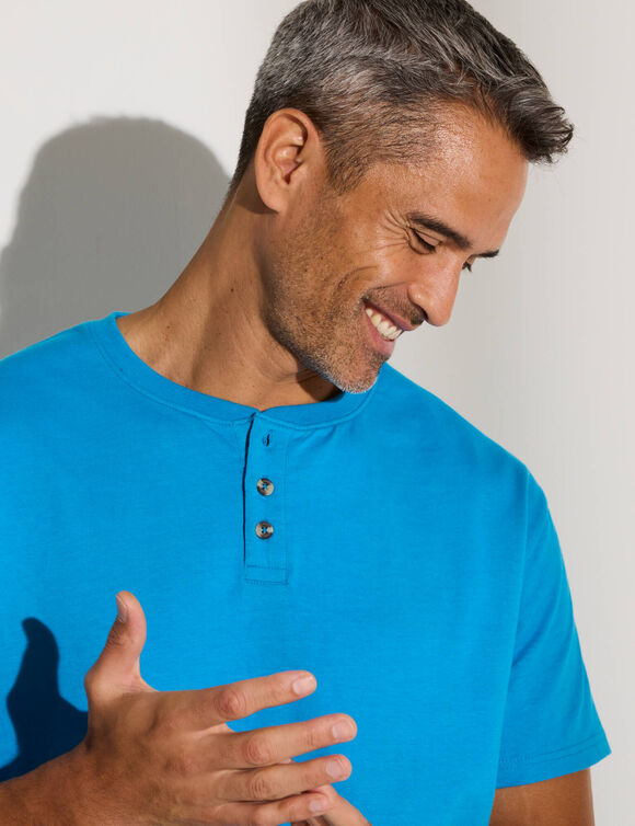 Comfortabel Henley T-shirt met korte mouwen - biologisch katoen (blauw)