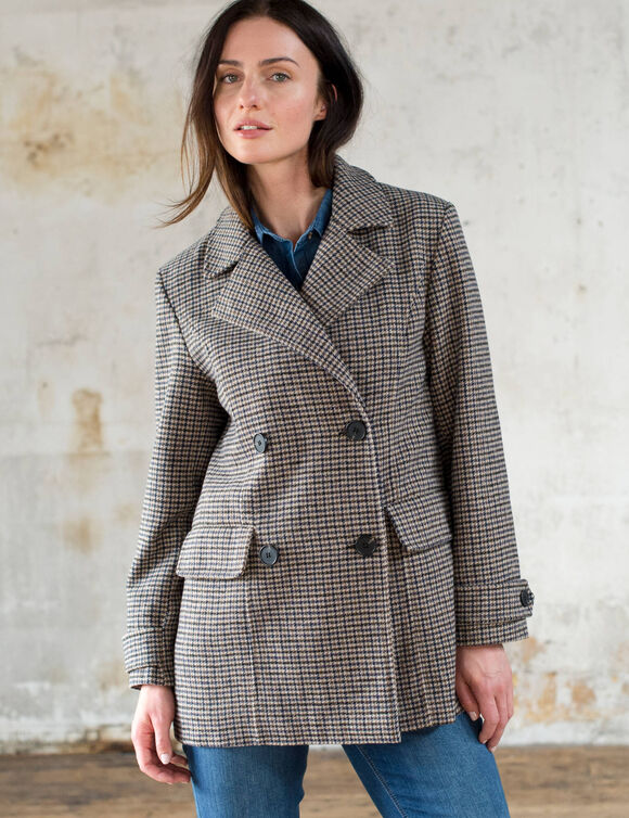 Manteau caban boutonn&eacute; &agrave; carreaux (beige / gris)