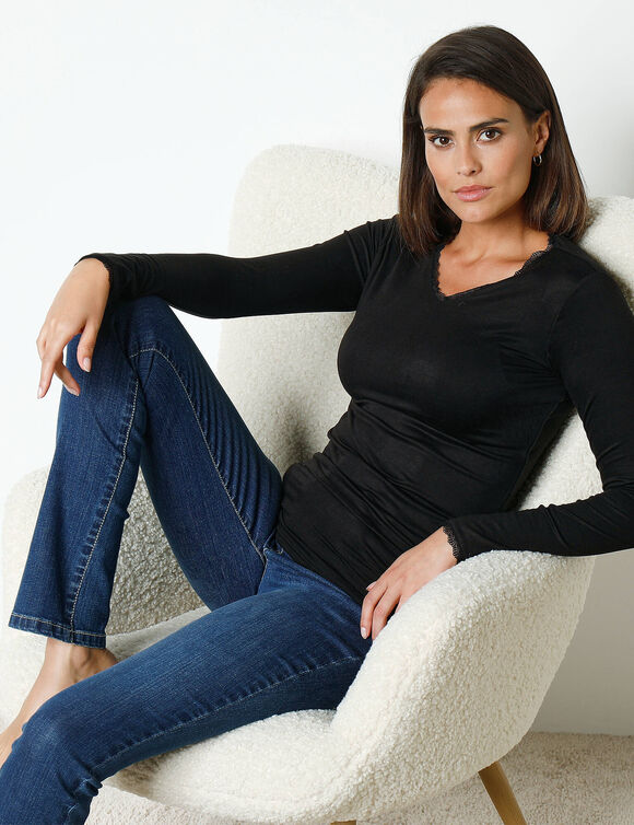 Tee-shirt manches longues chaleur seconde peau et détails dentelle (noir)