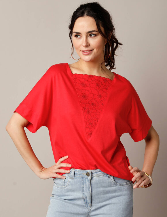 T-shirt boite brodé, manches courtes amples (rouge)