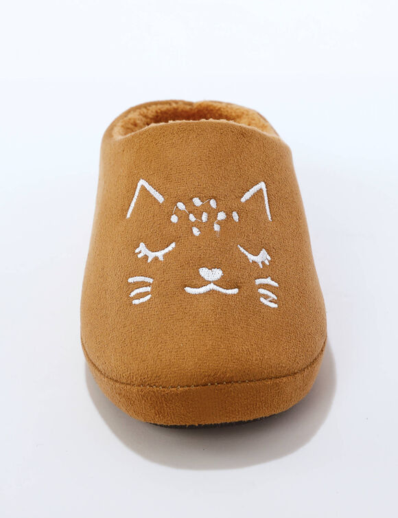 Mules polaire brodées chat (caramel)