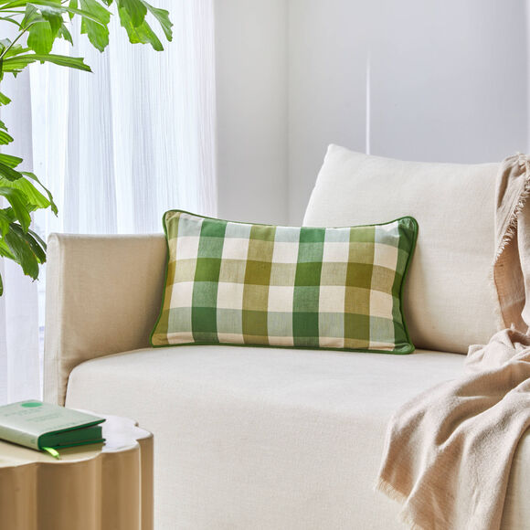Coussin rectangulaire coton lin carreaux (vert)