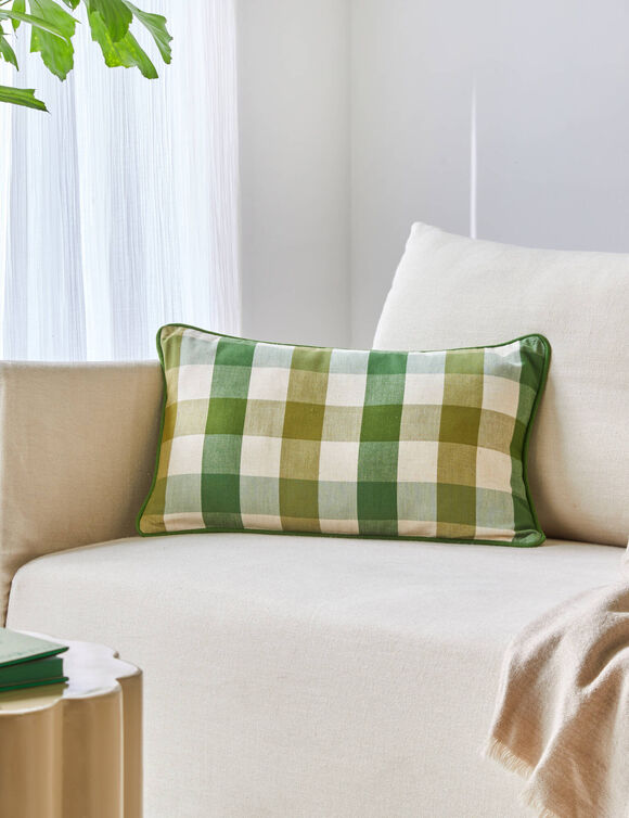 Coussin rectangulaire coton lin carreaux (vert)