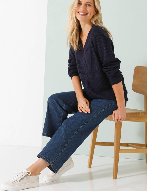 Pull loose col V, maille anglaise (marine)