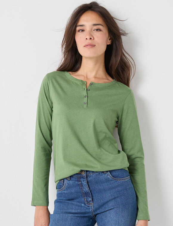 T-shirt col tunisien manches longues (vert mousse)