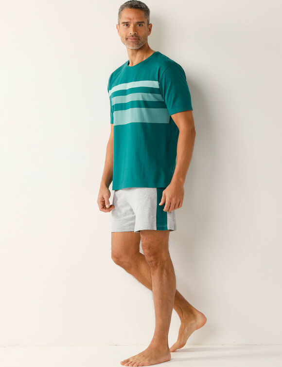 Shortama in katoen, geplaatste strepen, ronde hals (groen / grijs)