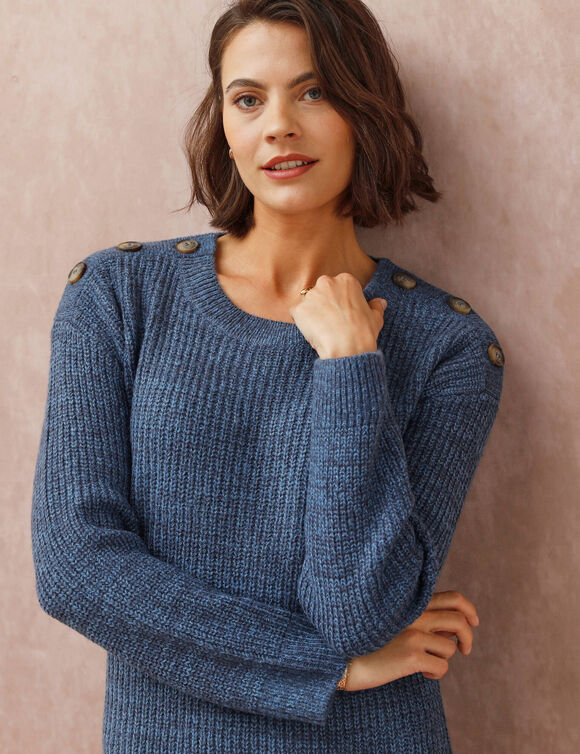 Robe-pull chinée manches longues, épaule boutonnée (bleu chiné)