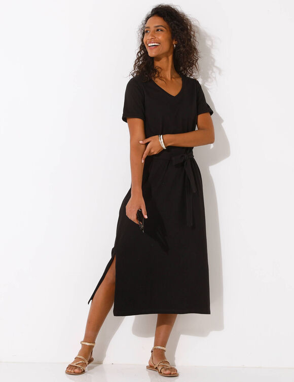 Robe mi-longue ceinturée col V, maille unie (noir)