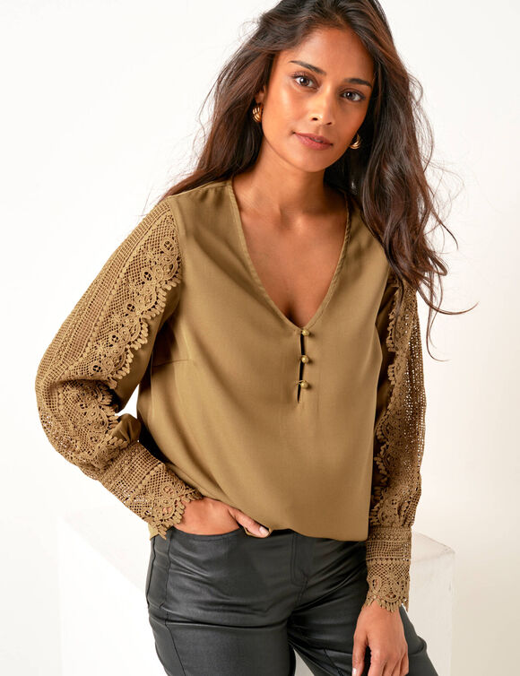 Blouse macramé col V manches longues, crêpe fluide (bronze)