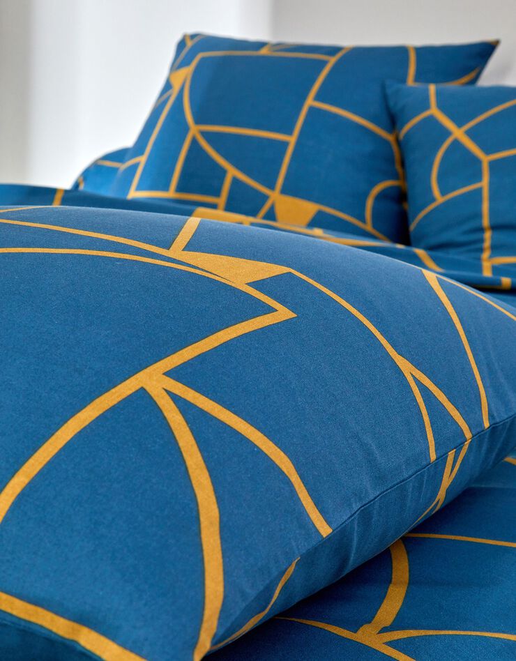 Linge de lit Geoffroy en coton à motifs graphiques (bleu paon)