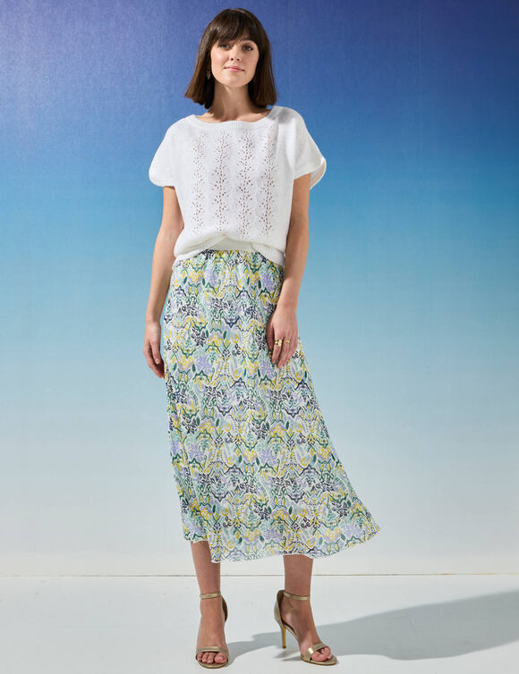 Jupe longue imprimé ikat, taille élastiquée (écru / vert)