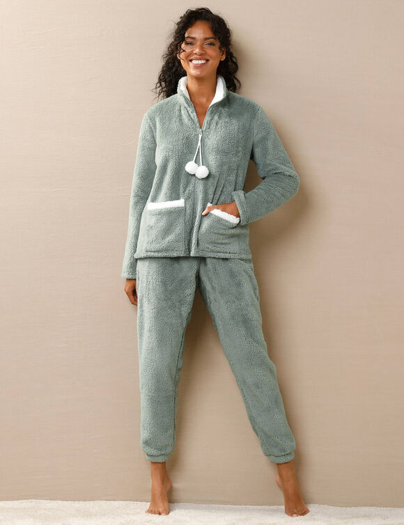 Pyjama pantalon polaire, avec veste zippée à pompons (kaki / écru)