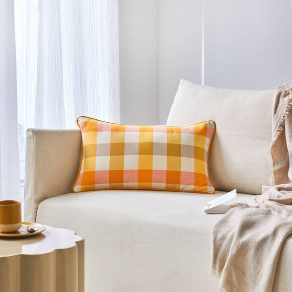 Coussin rectangulaire coton lin carreaux (jaune)