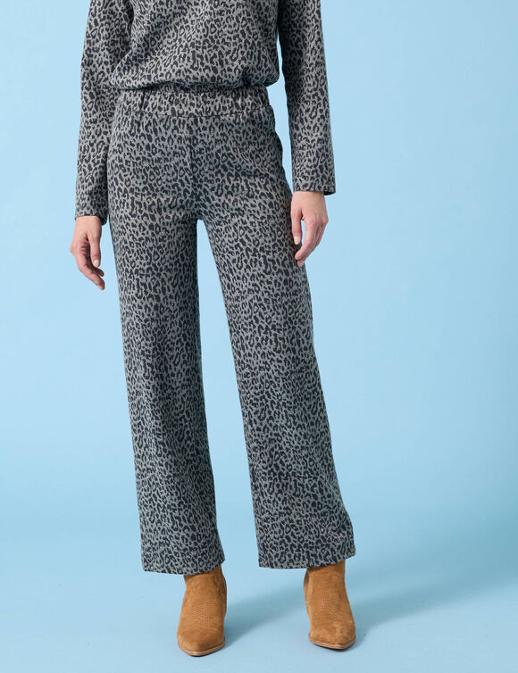 Wijde broek Special voor kleine lengtes met luipaardprint, geribd (kaki / zwart)