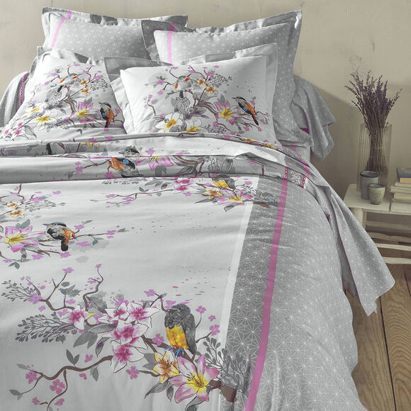 Linge de lit Birdy en coton imprimé oiseaux (gris)