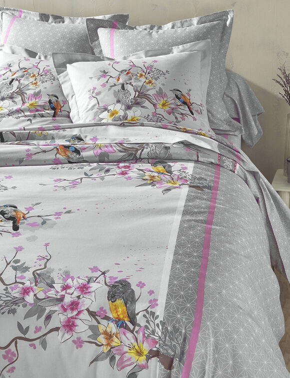 Bedlinnen Birdy in katoen met vogelprint (grijs)