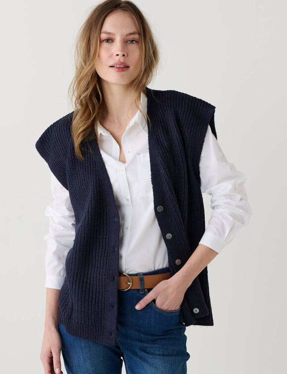 Mouwloos vest met paillettenknopen, Engelse breiwerk (marine)