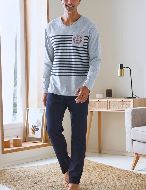 Pyjama col V &agrave; message (gris chin&eacute; / marine)