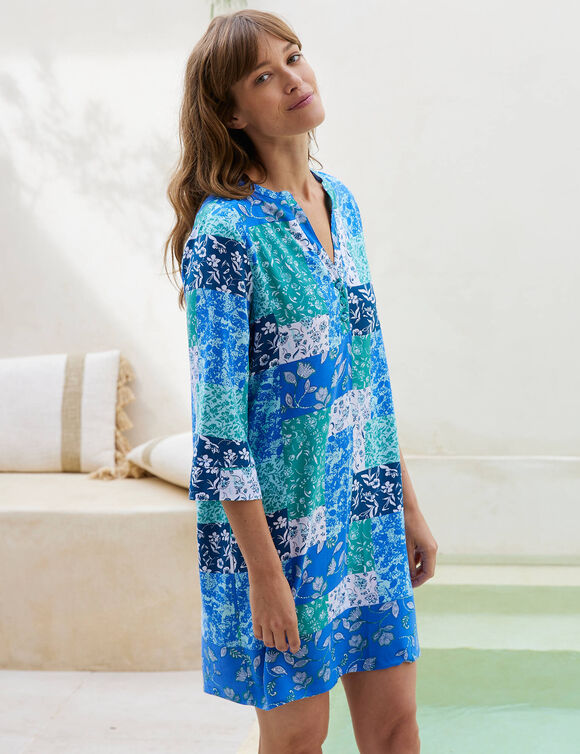 Chemise de nuit forme liquette imprimé patchwork (bleu)