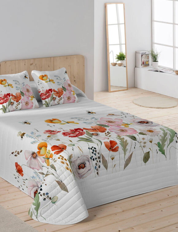 Couvre-lit matelass&eacute; imprim&eacute; fleuri (blanc / rose)