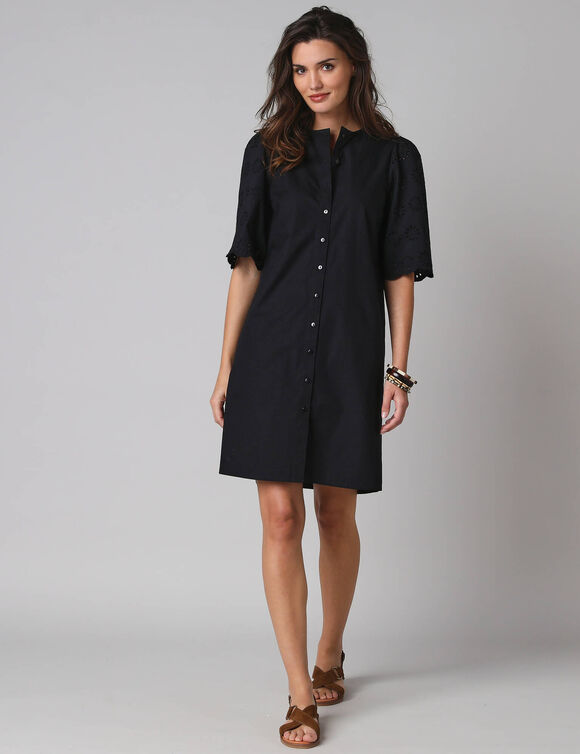 Robe-chemisier en coton uni, &agrave; manches coudes en broderies anglaises (zwart)
