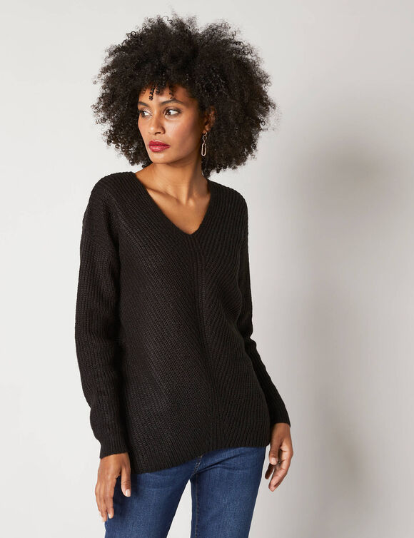 Pull col V, maille anglaise toucher doux (noir)