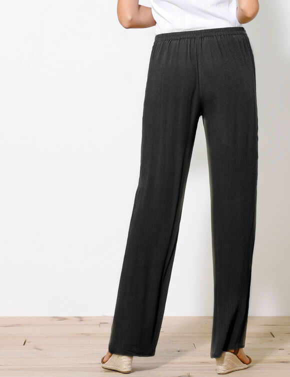 Pantalon large droit, crépon fluide (noir)
