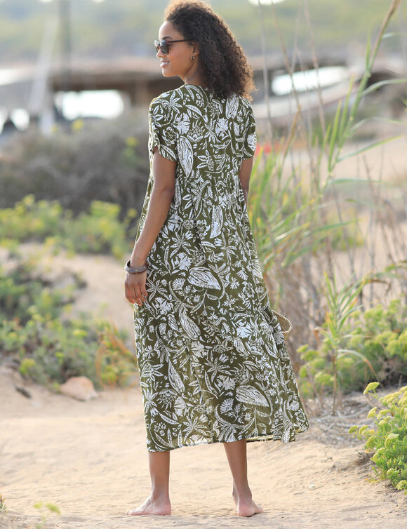 Robe longue imprimée col V, crépon (kaki / blanc)