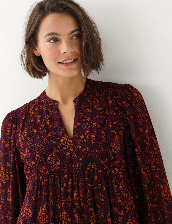 Robe housse col mao, cr&eacute;pon imprim&eacute; (prune / caramel)