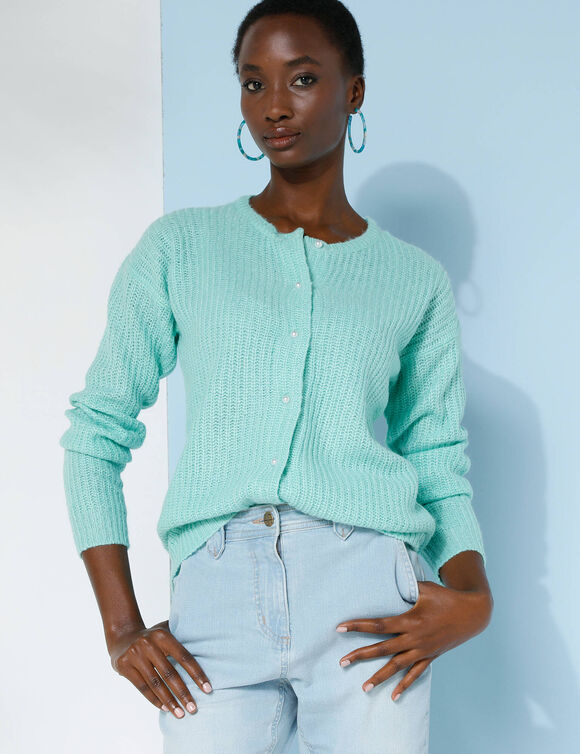 Cardigan boutons perles fantaisie, maille anglaise toucher doux (vert d'eau)