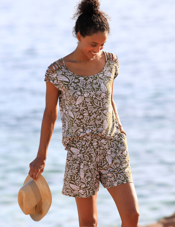 T-shirt la&ccedil;age &eacute;paules imprim&eacute; bicolore, maille (kaki / blanc)