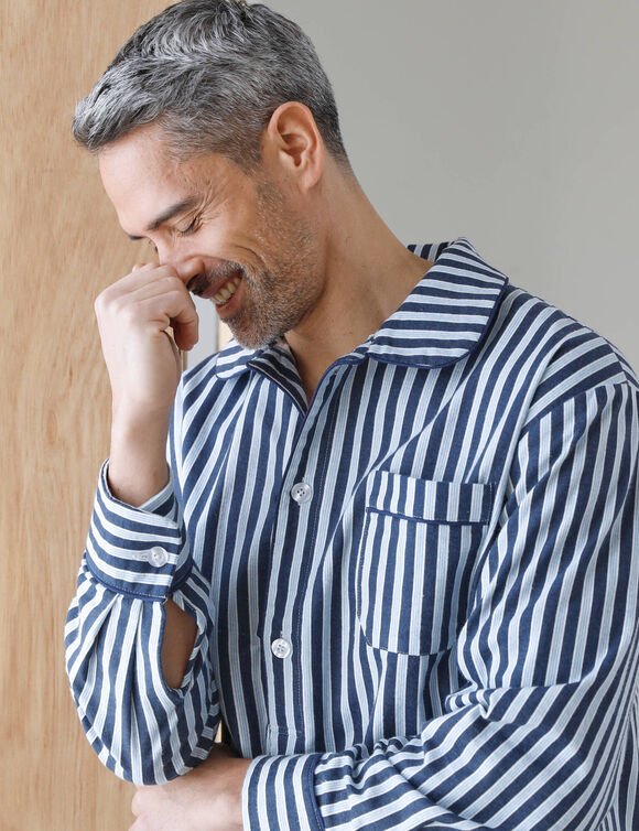 Gestreepte pyjama in liketstijl - katoenflanel (marine / ecru)