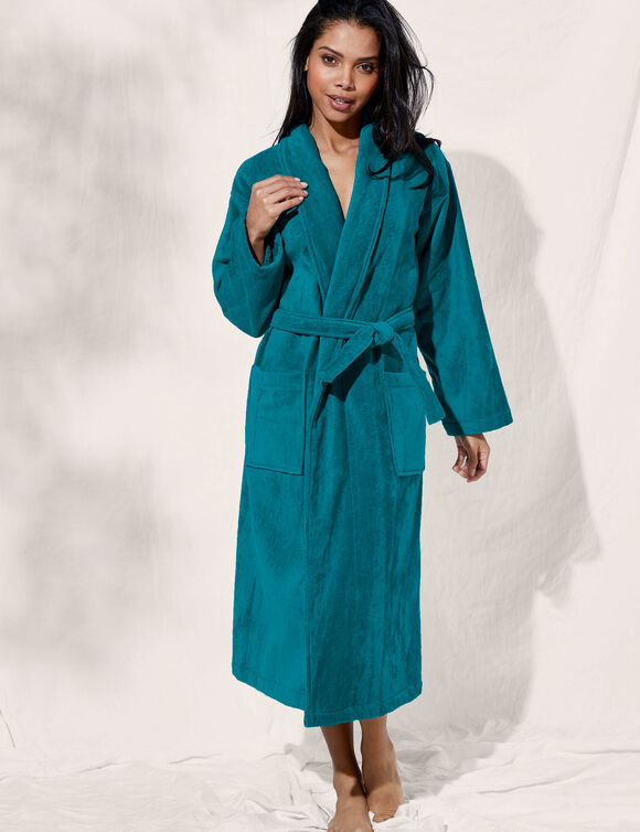 Unisex badjas voor volwassenen, veloursbadstof met sjaalkraag (eendengroen)