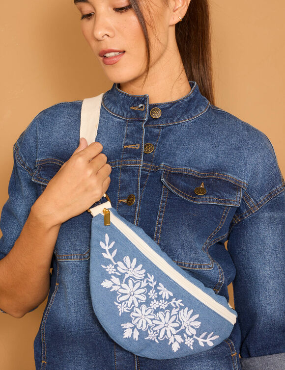 Sac banane effet jean, brodé et zippé (bleu)